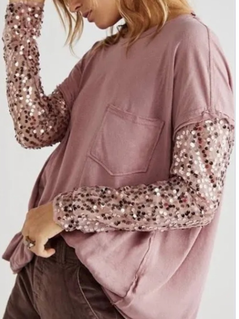 FREE PEOPLE NELLIE LONG SLEEVE LAYERED SEQUIN  TOP OS MAUVE